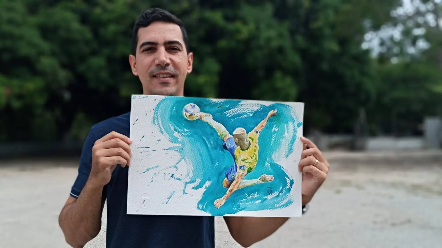 Artista cearense faz sucesso ao representar momentos da Copa em aquarela