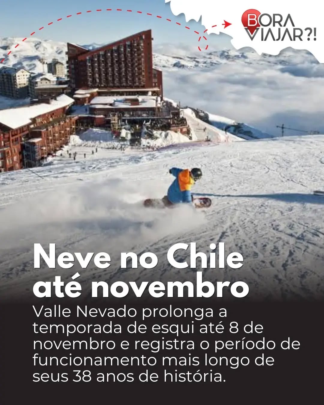 O Valle Nevado, uma das principais estações de esqui do Chile, manterá as pistas abertas até 8 de novembro de 2026. A extensão foi possível após fortes nevascas na Cordilheira dos