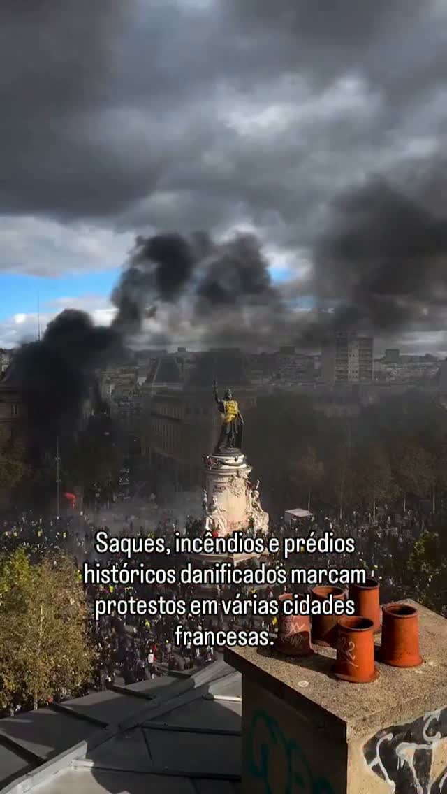 Imagens que circulam nas redes sociais mostram cenas de vandalismo, lojas saqueadas, incêndios e confrontos durante manifestações na França. Em Paris, houve depredação na Praça da